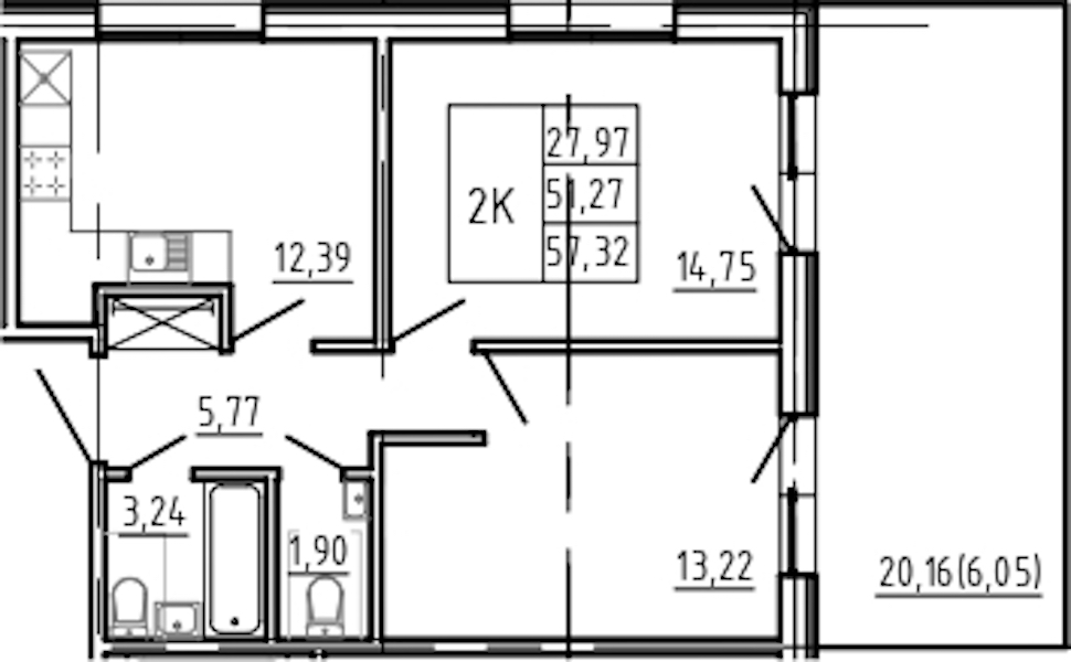 2-комнатная квартира 57.32 м², 1/5 эт., Комплекс апартаментов «Bereg. Курортный»